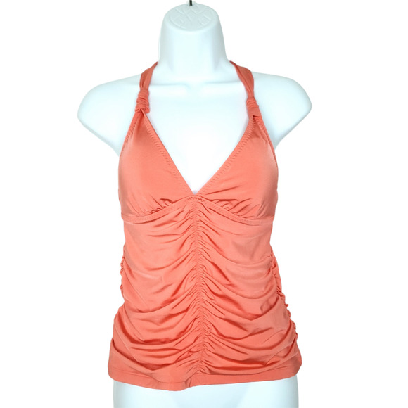 Athleta Aqualuxe Tankini Swim Top S Coral Sunset Orange Ruched Deep V - Picture 2 of 12